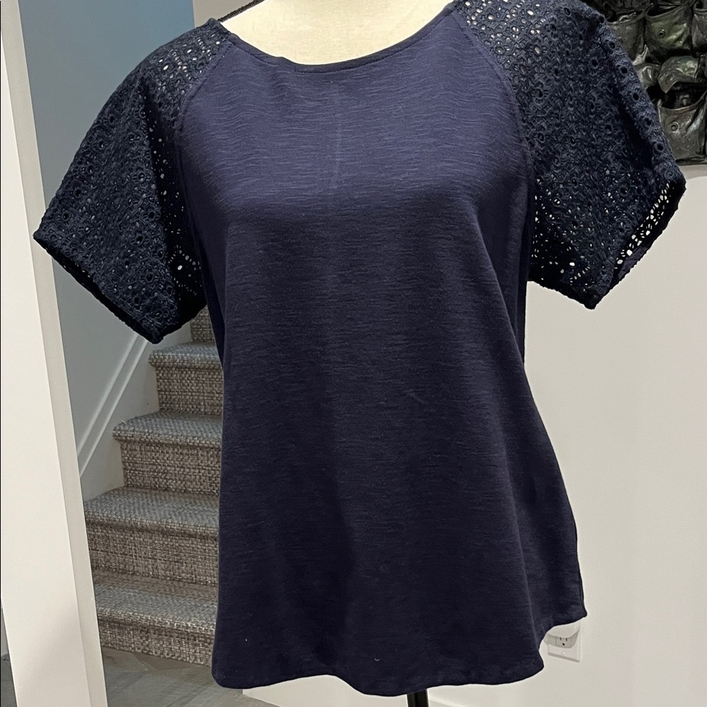 J. Crew Navy Knit with Eyelet Sleeve Top